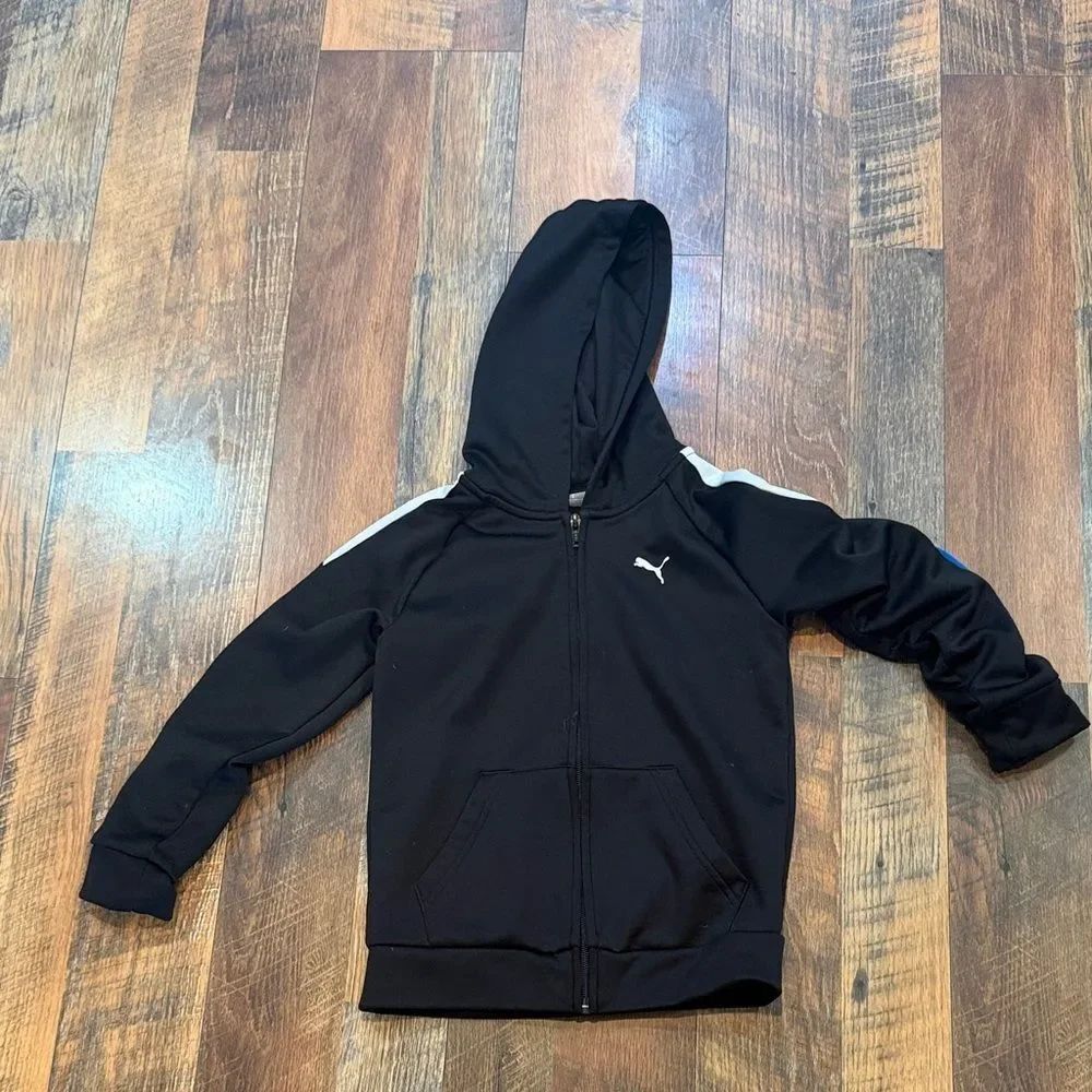 Puma Black Kids Zip Hoodie with White & blue Shoulder Stripe 6 (BK5)
